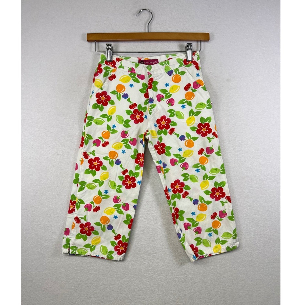 Vintage Genuine Girl Kid Fruit Flower Print Pant White Casual Cropped Leg Size 8